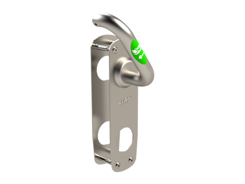 STEP Exit in brushed stainless steel, for righthanded doors. Emergency exit with the use of the interior evacuation handle on the cylinder position. Room for cylinder and lever handle on the exterior side. STEP Exit in brushed stainless steel, for righthanded doors. Emergency exit with the use of the interior evacuation handle on the cylinder position. Room for cylinder and lever handle on the exterior side.